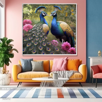 Tranh treo tường phong thủy chim công và hoa mẫu đơn