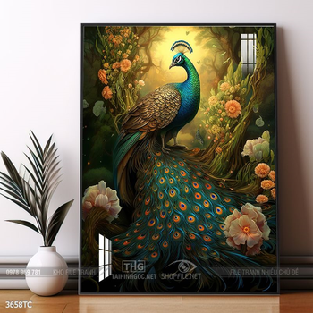 Tranh chim công hoa mẫu đơn decor trang trí tường nhà