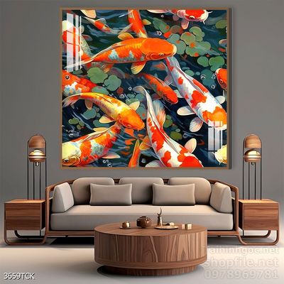 Mẫu tranh decor tường cá chép hoa sen