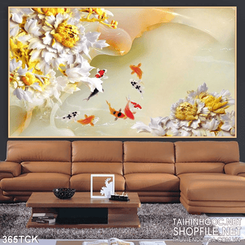 Tranh hoa sen, cá chép họi tụ kim tiền