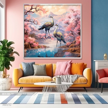 Tranh chim công trong vườn hoa mẫu đơn treo tường