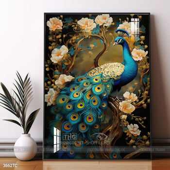 Tranh đôi chim công và hoa mẫu đơn treo tường phòng khách