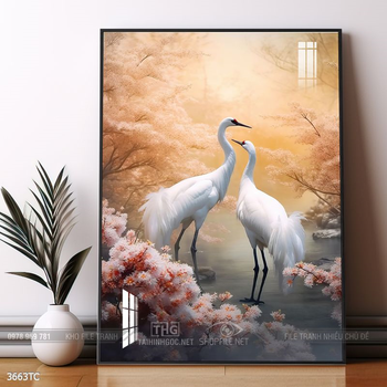Tranh phòng khách chim công và hoa mẫu đơn treo tường