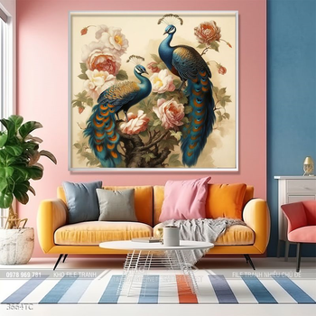 Tranh phong thủy chim công và hoa mẫu đơn rước may mắn vào nhà