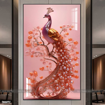 Tranh chim công hoa mẫu đơn decor trang trí tường nhà
