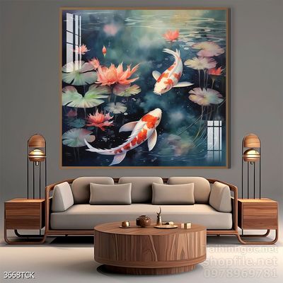 Mẫu tranh decor tường cá chép hoa sen