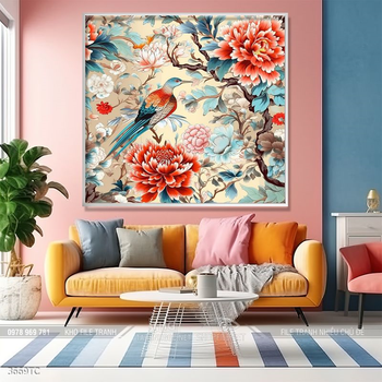 Tranh hoa mẫu đơn và chim công