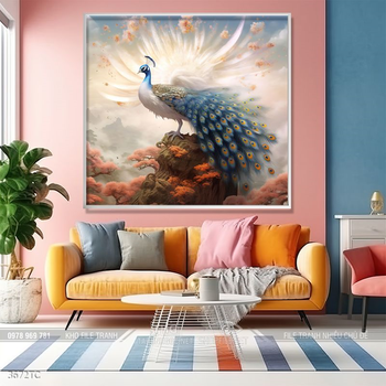 Tranh đôi chim công và hoa mẫu đơn treo tường phòng khách