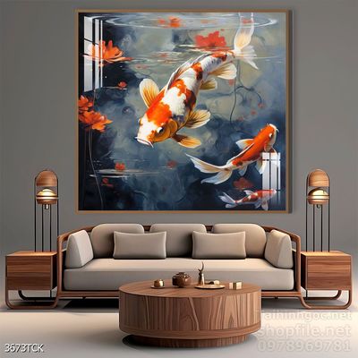 Tranh decor tường phòng khách cá chép hoa sen