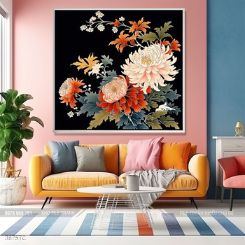 Tranh treo tường hoa mẫu đơn và đôi chim công khổ dọc