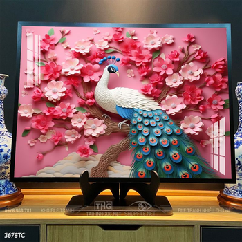 Tranh chim công hoa mẫu đơn decor trang trí tường nhà