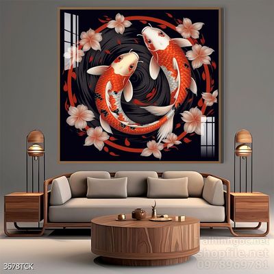Tranh trang trí phòng khách cá chép hoa sen