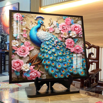 Tranh hoa mẫu đơn và chim công