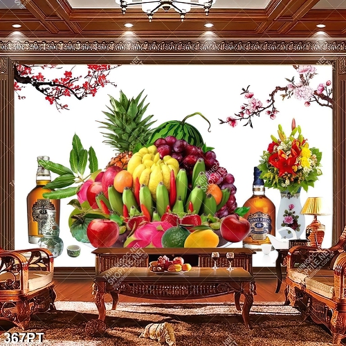 Tranh bàn thờ mâm ngũ quả và cành đào in kính