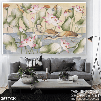 Tranh hoa sen, cá chép dán tường đẹp
