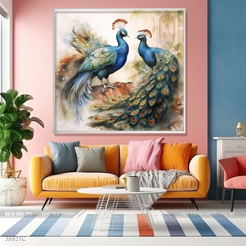 Tranh đôi chim công và hoa mẫu đơn treo tường phòng khách