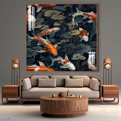 Tranh decor tường phòng khách cá chép hoa sen