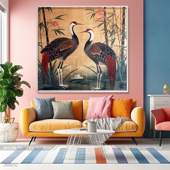 Tranh treo tường hoa mẫu đơn và đôi chim công khổ dọc