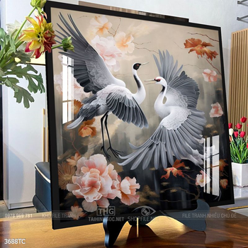 Tranh chim công hoa mẫu đơn decor trang trí tường nhà