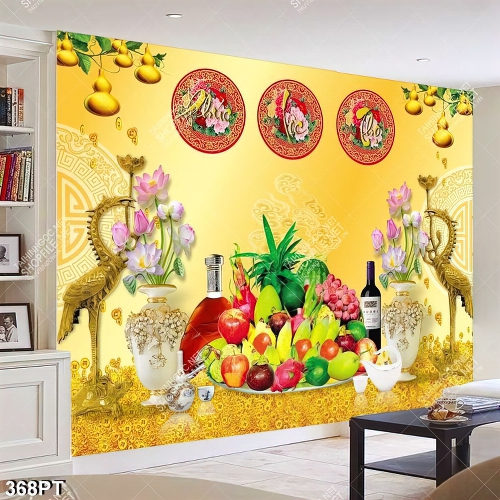 Tranh bàn thờ chim hạc vàng bên mâm ngũ quả đẹp nhất