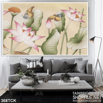 Tranh hoa sen, cá chép dán tường nghệ thuật