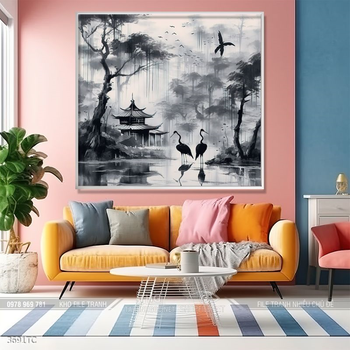 Tranh chim công trong vườn hoa mẫu đơn treo tường