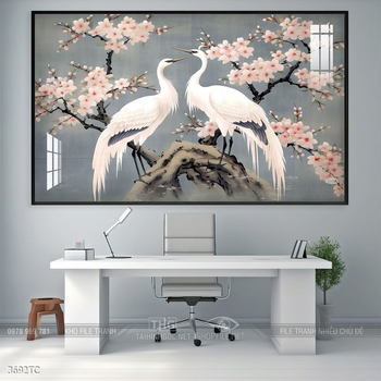 Tranh đôi chim công và hoa mẫu đơn treo tường phòng khách