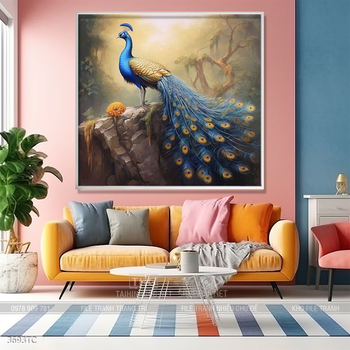 Tranh phòng khách chim công và hoa mẫu đơn treo tường