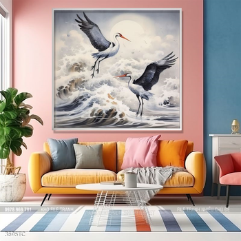 Tranh treo tường hoa mẫu đơn và đôi chim công khổ dọc