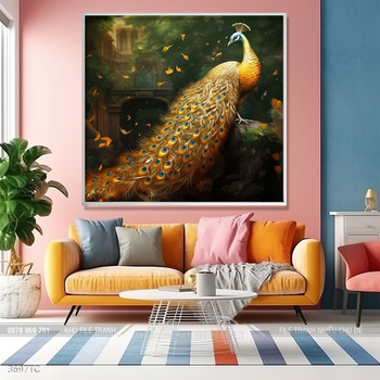 Tranh đôi chim công và hoa mẫu đơn treo tường phòng khách