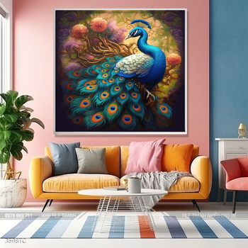 Tranh phòng khách chim công và hoa mẫu đơn treo tường
