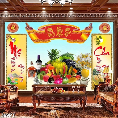 Tranh bàn thờ chữ Phúc Lộc Thọ bên mâm ngũ quả