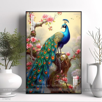Tranh treo tường hoa mẫu đơn và đôi chim công khổ dọc