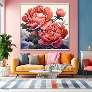 Tranh treo tường phong thủy chim công và hoa mẫu đơn
