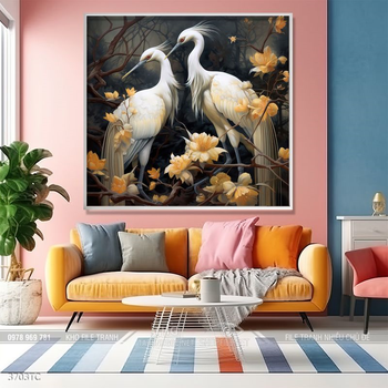 Tranh chim công hoa mẫu đơn decor trang trí tường nhà