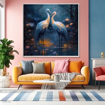 Tranh đôi chim công và hoa mẫu đơn treo tường phòng khách