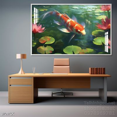 Tranh decor tường phòng khách cá chép hoa sen