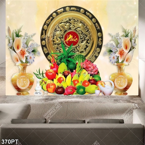 Tranh thờ chữ Phúc bên mâm ngũ quả in uv
