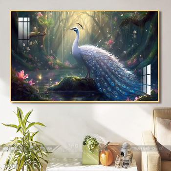 Tranh chim công hoa mẫu đơn decor trang trí tường nhà