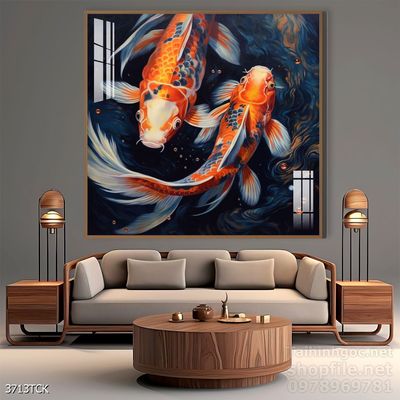 Tranh trang trí phòng khách cá chép hoa sen