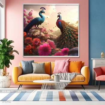 Tranh hoa mẫu đơn và chim công