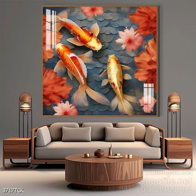 Tranh decor tường phòng khách cá chép hoa sen