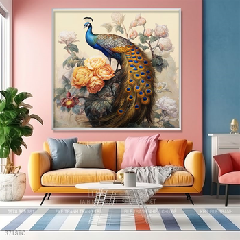 Tranh phòng khách chim công và hoa mẫu đơn treo tường