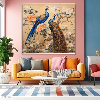 Tranh phong thủy chim công và hoa mẫu đơn rước may mắn vào nhà