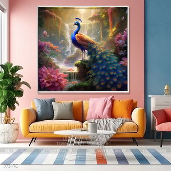 Tranh chim công hoa mẫu đơn decor trang trí tường nhà