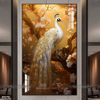 Tranh chim công trong vườn hoa mẫu đơn treo tường