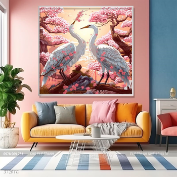 Tranh đôi chim công và hoa mẫu đơn treo tường phòng khách