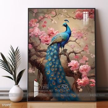 Tranh phòng khách chim công và hoa mẫu đơn treo tường