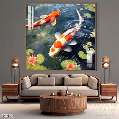 Mẫu tranh decor tường cá chép hoa sen