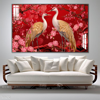 Tranh treo tường hoa mẫu đơn và đôi chim công khổ dọc
